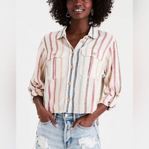 ✨SOLD. XL American Eagle Outfitters Colorful Striped Cropped Linen Button Down